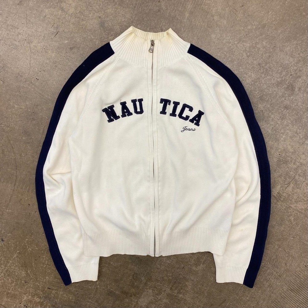 Vintage Nautica Jeans Spellout Arch Full Zip Turtle Neck Sweater 2000s Size XL